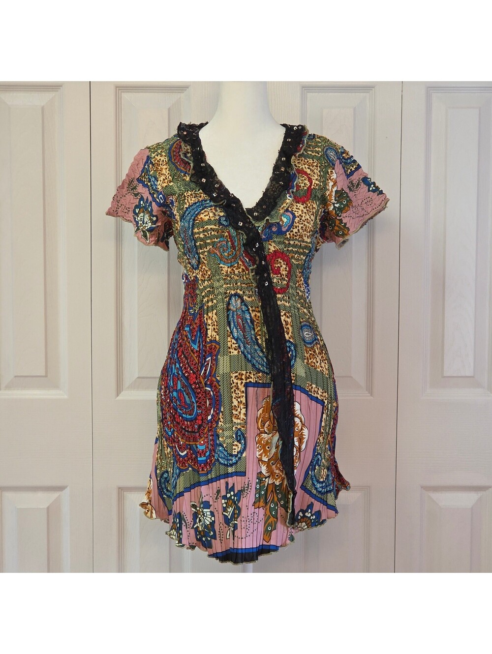 Vintage Y2K Paisley Floral Cheetah Patchwork Print Tunic Dress Retro Boho Euro